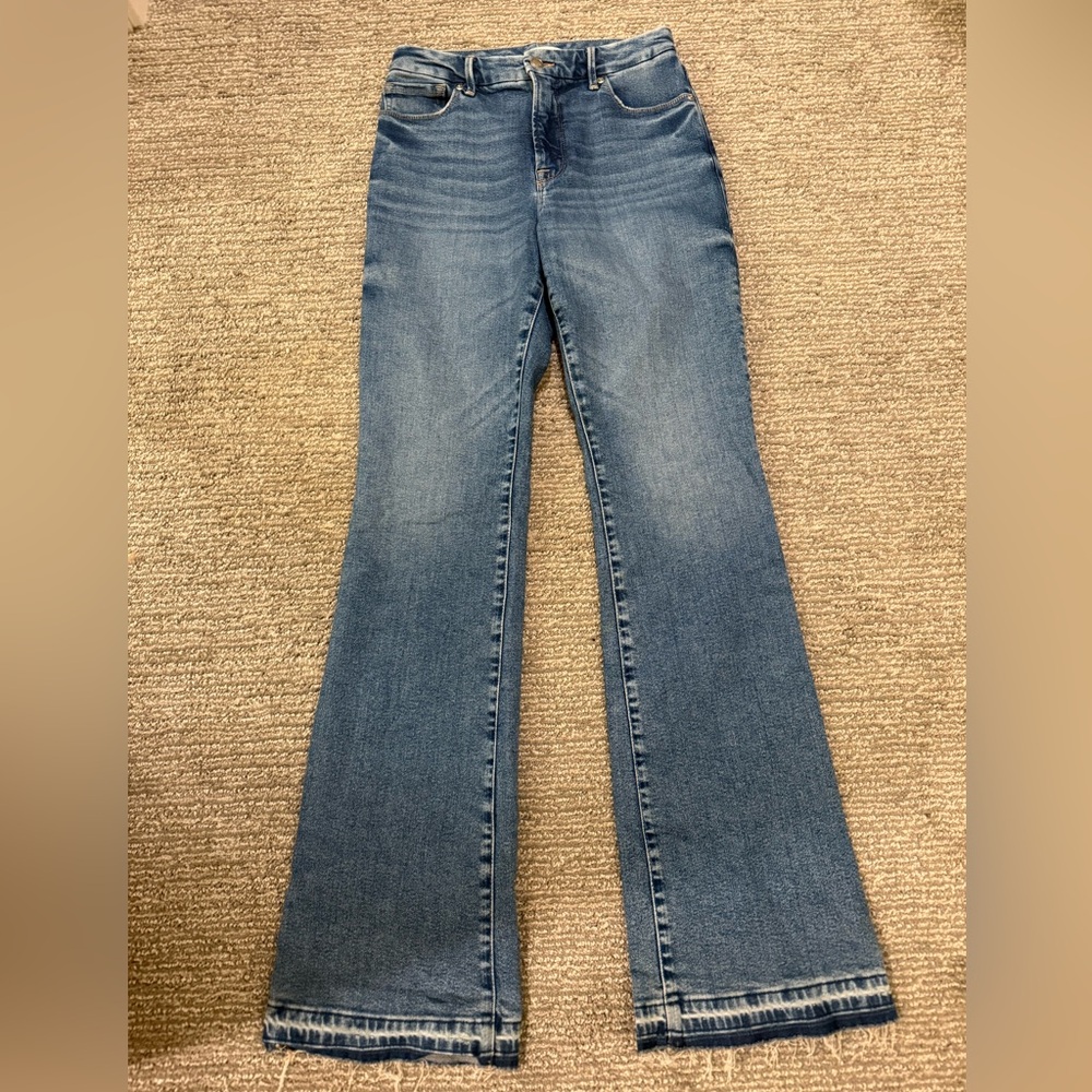 Good American Blue Flare Jeans with Raw Hem